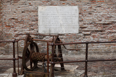 Memorial tablet on the wall of old lock basin in Govenolo Mantua area Italyのeditorial素材