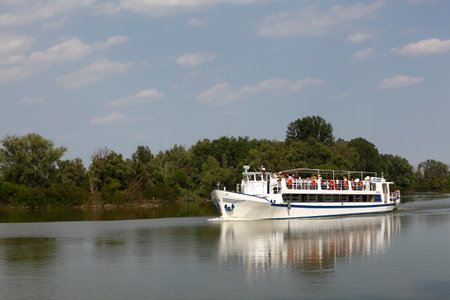 Boat with tourists in the lower lake area. Mantua, Italy - May 25, 2011のeditorial素材