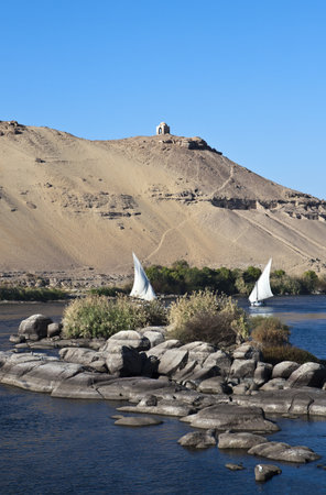 Egypt, Aswan, felucas on the Nile riverの写真素材