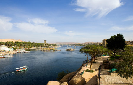 Egypt, Aswan,  the Nile river seen from the townの写真素材