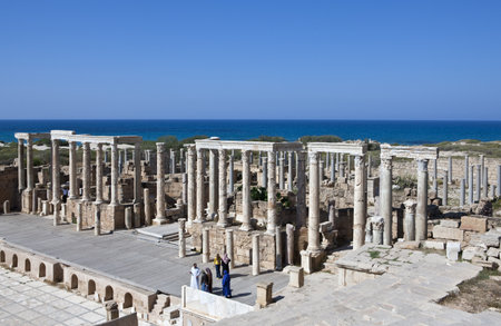 Leptis Magna, Libya - April 19, 2009: Local young people in the Roman theater of the archaeological siteのeditorial素材