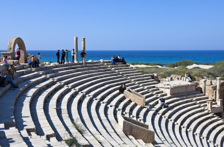 Leapt Magna, Libya - April 19, 2009: Local young people in the Roman theater of the archaeological siteのeditorial素材
