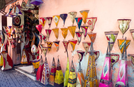 Marrakech, Morocco - March 24, 2006: Colorful ctafts in the market of the Medina quarterのeditorial素材