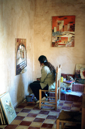 Agadir, Morocco - May 23, 2012: The workshop of a painter in the quarter Nedinaのeditorial素材