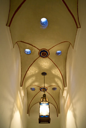 Morocco, Marrakech, a decorated ceiling of the city museum in the Gar Manebhi palaceのeditorial素材