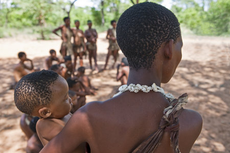 Ovamboland, Namibia - December 12, 2009: Grashoek area, scenes of life in a village bushmenのeditorial素材