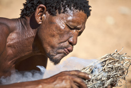 Owamboland, Namibia - December 12, 2009: Grashoek region, scenes of life in a village bushmenのeditorial素材