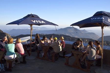 Cape town, South Africa - March 6, 2010:  Tourists on a belvedere bar on the Table mountainのeditorial素材