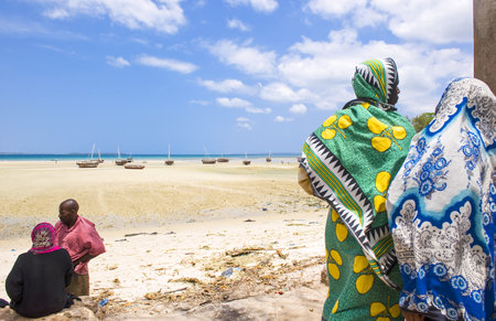 Zanzibar, Tanzania - February 27, 2008:  Western coast,  local women in a market near the beachのeditorial素材