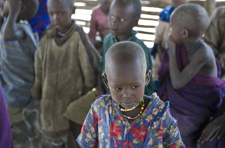 Ngorongoro, Tanzania - August 25, 2008:  A baby school in a Maori village near the National  parkのeditorial素材
