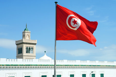 Tunisia, Tunis, Town Hall square, the Tunisian flagの写真素材