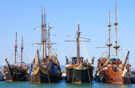 Hammamet, Tunisia - May 4, 2007: Old galleons in the sea turistic area of Yasmineのeditorial素材