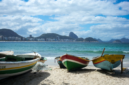 Rio De Janeiro, Brazil  - September 6, 2013: The fishermen boats of the Colonia De Pescadores in Copacabana beachのeditorial素材