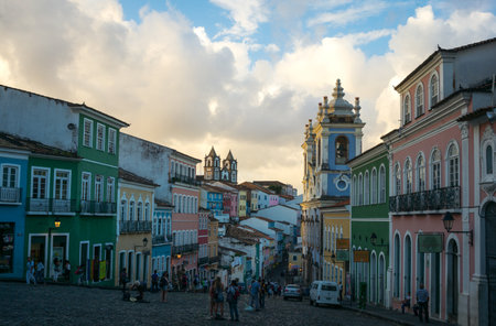 Salvador, Brazil - September 12, 2013:  The old Pelourinho district seen from Peolurinho sqare, on the right the Nossa Sra. De Rosario Dos Pretos churchのeditorial素材