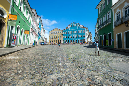 Salvador, Brazil - September 14, 2013: People in Pelourinho square, in the background the Jorge Amado house foundationのeditorial素材