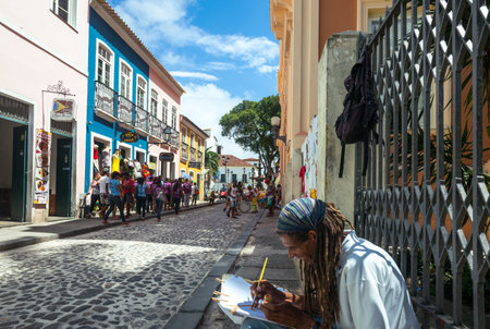 Salvador, Brazil - September 14, 2013: Pelourinho district, people in Porta dos Carmo streetのeditorial素材