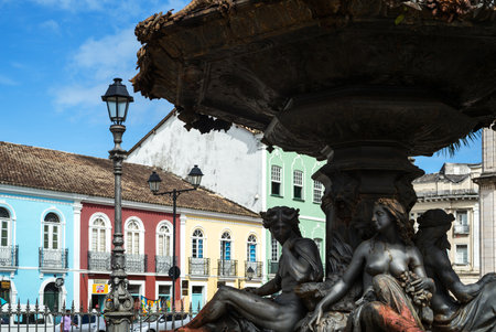 Salvador, Brazil - September 11, 2013: The fountain and the colored houses of Jesus squareのeditorial素材