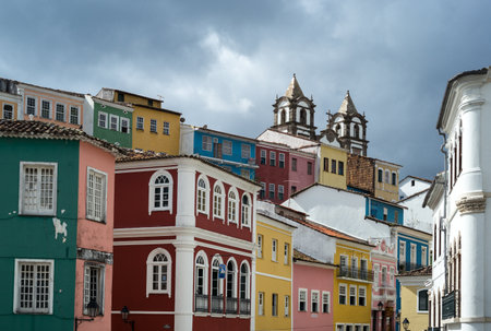 Salvador, Brazil - September 11, 2013: The old Pelourinho district seen from Peolurinho sqare, on the right the Nossa Sra. De Rosario Dos Pretos churchのeditorial素材