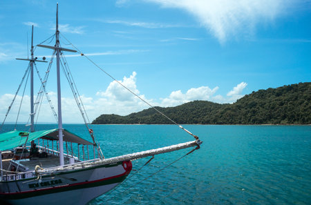 Salvador, Brazil - September 13, 2013: Bay of Todos os Santos, a boat for tourists in the sea near the island of the Monksのeditorial素材