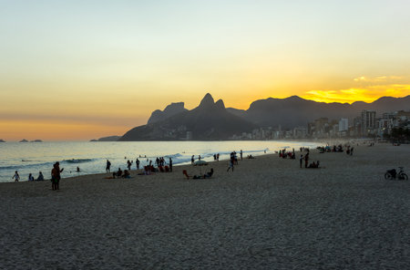 Rio De Janeiro, Brazil  - September 9, 2013: The Ipanema beach seen from the Pedra do Arpoador promontory at sunsetのeditorial素材