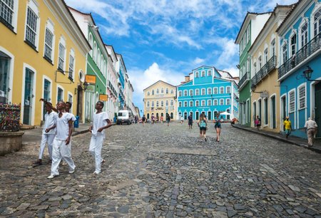 Salvador, Brazil - September 15, 2013: Young people in Pelourinho square, in the background the Jorge Amado house foundationのeditorial素材