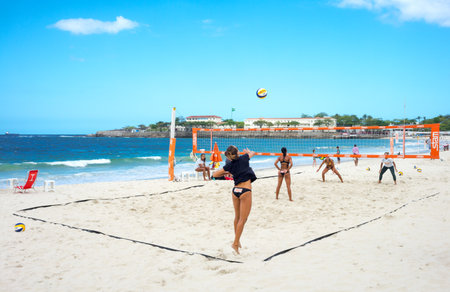 Rio De Janeiro, Brazil  - September 6, 2013: Girls playing volley-ball in Copacabana beachのeditorial素材