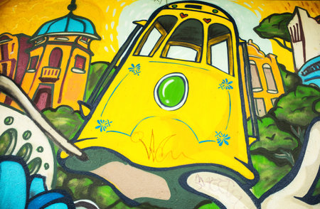 Rio De Janeiro, Brazil  - September 6, 2013: Mural painting in the old Santa Teresa dstrictのeditorial素材