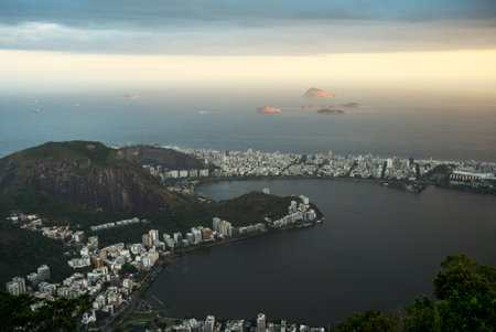 Brazil, Rio De Janeiro, panorama of the city seen from the Corcovado in a cloudy dayのeditorial素材