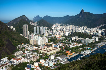 Brazil, Rio De Janeiro, Botafogo the bay seen from the Pao de Acucar (Sugarloaf Mountain)の写真素材