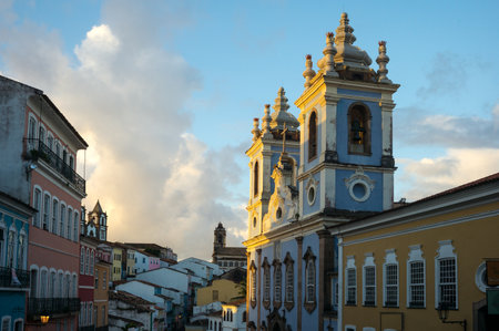 Brazil, Salvador,  the old Pelourinho district seen from Peolurinho sqare, on the right the Nossa Sra. De Rosario Dos Pretos churchのeditorial素材