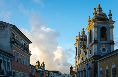 Brazil, Salvador,  the old Pelourinho district seen from Peolurinho sqare, on the right the Nossa Sra. De Rosario Dos Pretos churchのeditorial素材