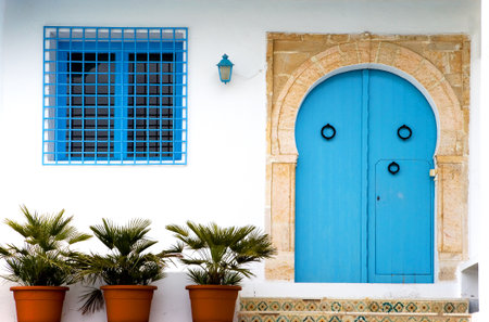 Sidi Bou Said, Tunisia - April 26, 2006: The entrance with decorated door of a traditional country house in the centerのeditorial素材
