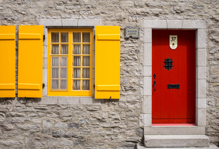 Quebec city, Canada - May 5, 2014: Typical colored door and window in the old townのeditorial素材