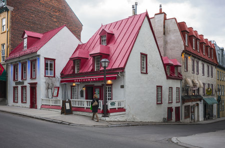 Quebec city, Canada - May 5, 2014: The old houses and a restaurant in St Louis streetのeditorial素材