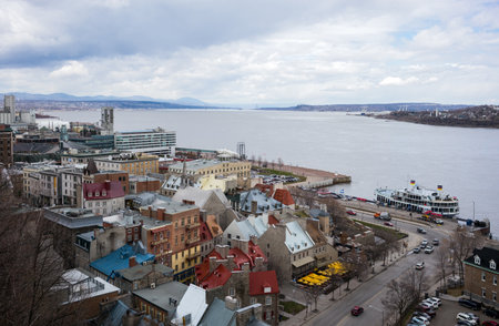 Quebec city, Canada - May 5, 2014: The old city and the St Lorenzo river seen from the Governors promenadeのeditorial素材