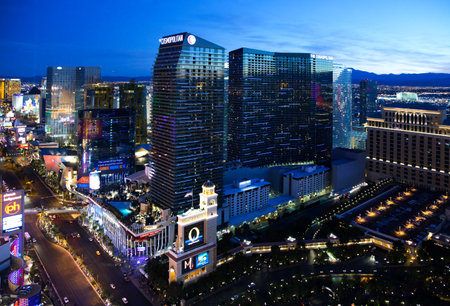 Las Vegas,  U.S.A. -  May 27, 20011:  Night view of the city from the top floor of a hotelのeditorial素材