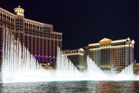 Las Vegas,  U.S.A. -  May 27, 20011:  Night view of the city with water gamesのeditorial素材