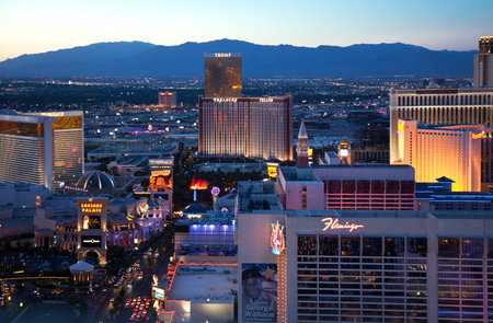 Las Vegas,  U.S.A. -  May 27, 20011:  Night view of the city from the top floor of a hotelのeditorial素材