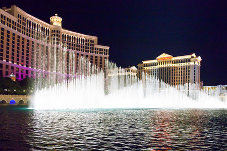 Las Vegas,  U.S.A. -  May 27, 20011:  Night view of the city with water gamesのeditorial素材