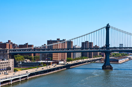 New York, U.S.A. - July 12, 2009:   Manhattan,the city seen fro the Brookllyn Bridge
