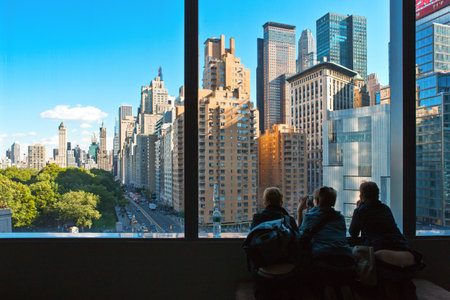 New York, U.S.A. - October 7, 20010: Manhattan, people looking at the panorama from the Lincoln Jazz Centerのeditorial素材