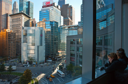New York, U.S.A. - October 7, 20010: Manhattan, people looking at the panorama from the Lincoln Jazz Centerのeditorial素材