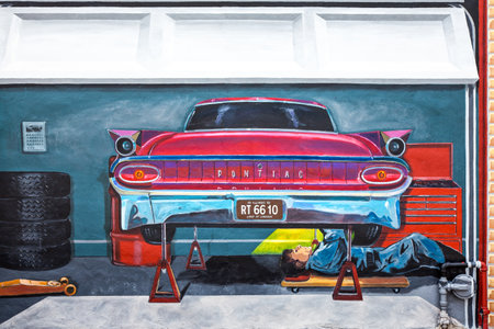 Pontiac, U.S.A. - May 17, 2011: Illinois, Route 66,  mural paintings in the city roadsのeditorial素材