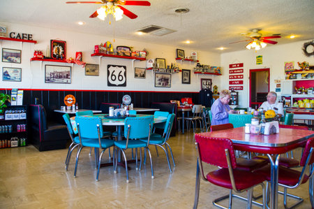 Adrian, U.S.A. - May 21, 2011: Texas, people in the Mid Point Cafe on the Route 66