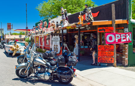 Seligman, U.S.A. - May 25, 2011: Arizona,  motorcycles and vintage  stores on the Route 66