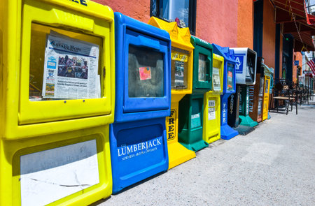 Flagstaff, U.S.A. - May 24, 2011: Arizona, colored vending machines for newspapers on the Route 66