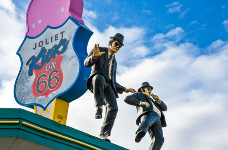 Joliet, U.S.A. May 17, 2011: Illinois, Route 66, the Blue Brother statue on a old small restaurantのeditorial素材