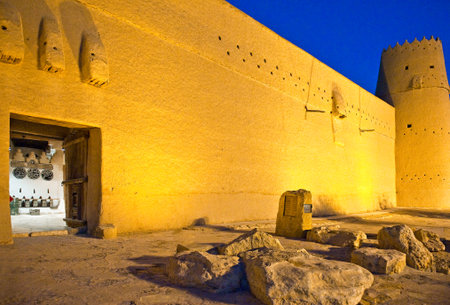 Riyadh, night view of the Masmak Fortress (XIX century) in the old city center.のeditorial素材