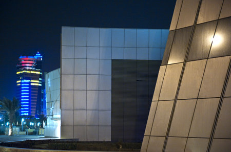 Manama, Bahrain - February 17, 2009: Night view of the architectures of the Trade World Center basement.のeditorial素材