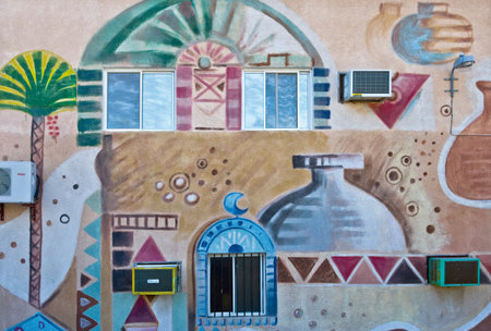 Karbabad, Bahrain - December 13, 2006: Detail view of the painted village in the outskirts of Manama.のeditorial素材